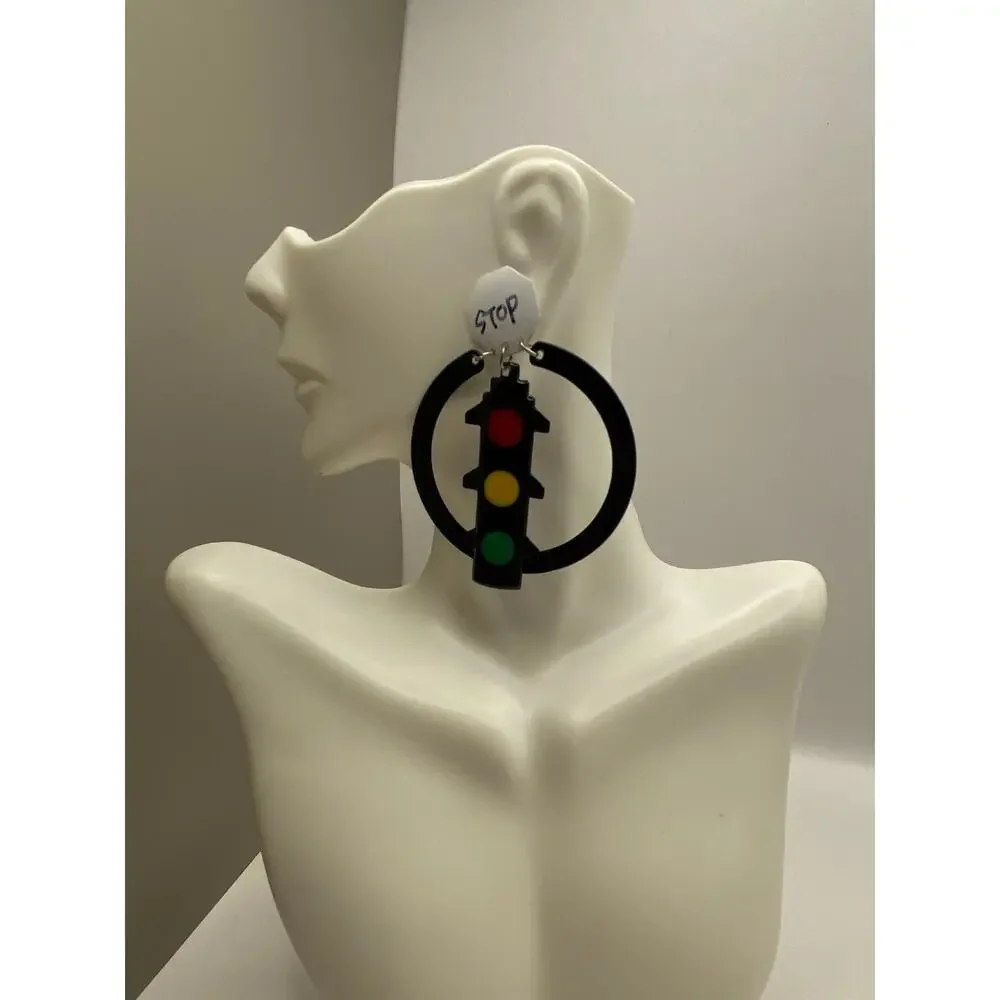 Vintage 1980s Traffic Light Earrings Stop Sign Turn Signal Mismatched Statement